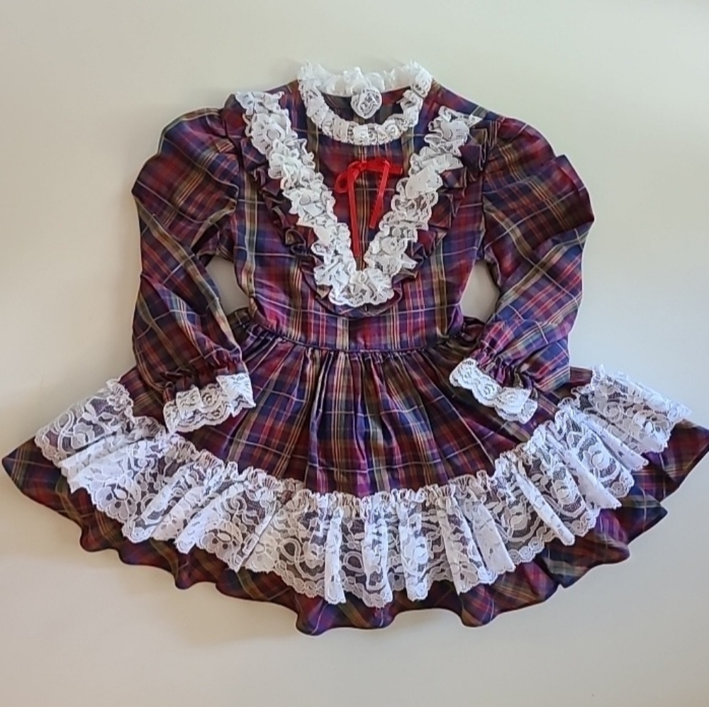 ❤️💜🧡 Vintage 70s Fall Full Circle Party Pageant Dress Prairie Plaid Lace 4T/5T